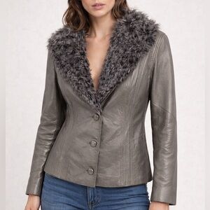 Vintage Y2K Silver Leather Jacket Penny Lane Faux Fur Attachment FLAWS